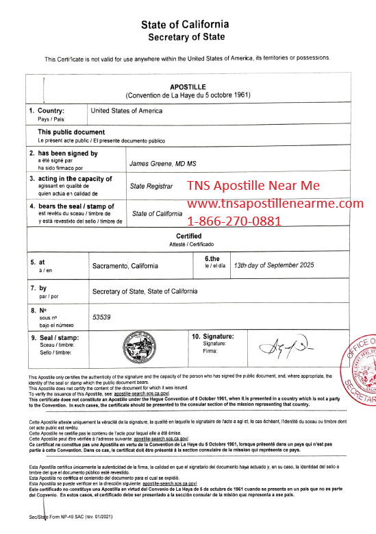 California Secretary of State apostille certificate