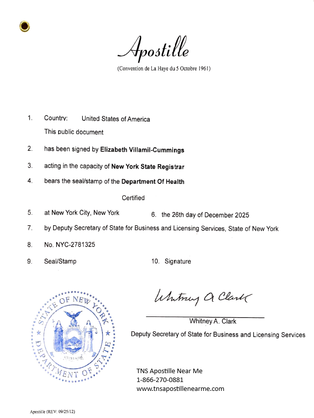 New York City exemplification document for apostille