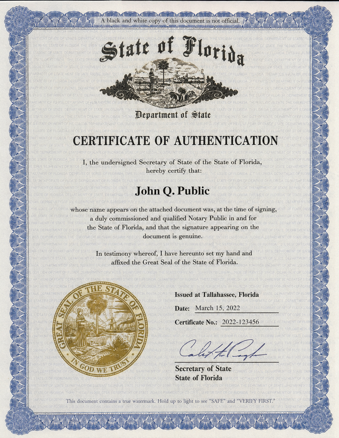 Sample Florida Certificate of Authentication