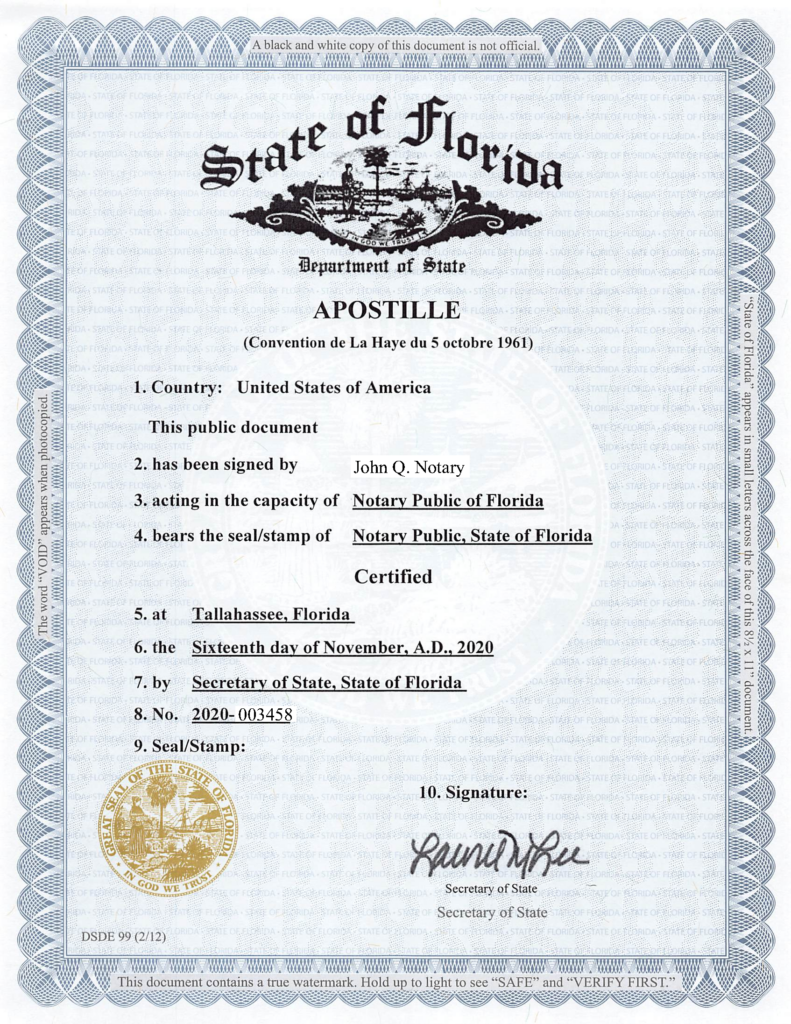 Sample Florida Apostille Certificate