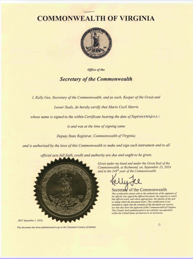 Virginia Certificate of Authentication