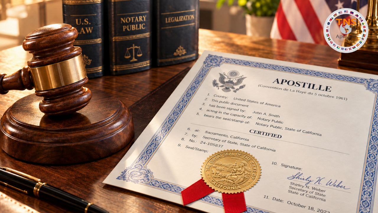 Illustrative US apostille document with a gavel and legal books representing apostille, authentication, and legalization services.